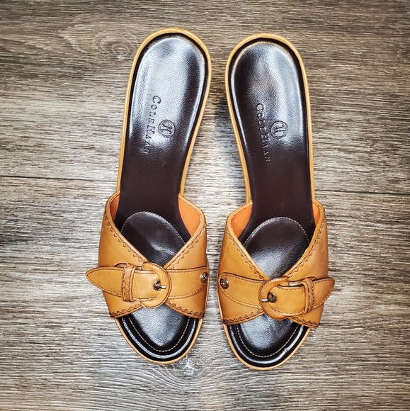 COLE HAAN Brown Leather Opened Toe Heeled Mules with Buckle - Picture 7 of 9